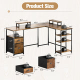 Homall 65.4" L-Shaped Desk with Power Outlets & USB, Corner Desk with 2 Drawers and 2 Monitor Stand, Brown