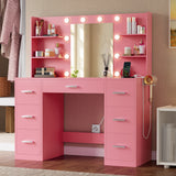 Homall Vanity Desk with Mirror and LED Lights, Makeup Vanity with 7 Drawers & 4 Shelves, Vanity Table with Power Outlet for Bedroom Dressing Room