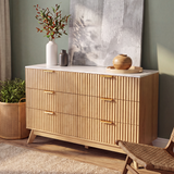 Homall 6 Drawer Double Dresser for Bedroom, Modern Fluted Wide Dresser Chest of Drawers with Marble-Pattern Top, Wood Storage Dresser for Living Room, Entryway,