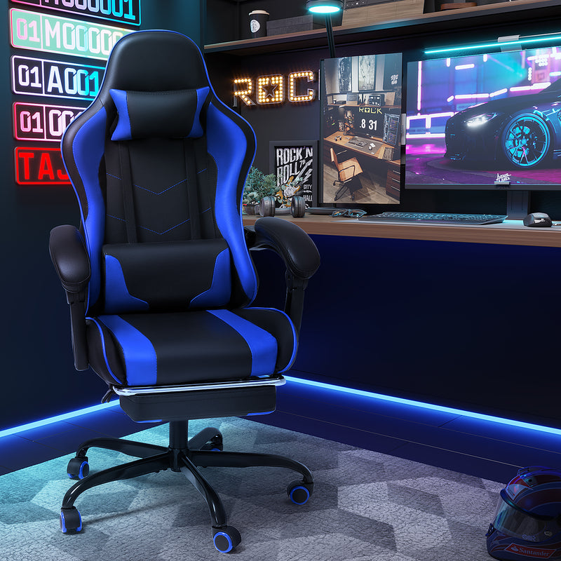 Lacoo PU Leather Gaming Chair Massage Ergonomic Gamer Chair Height Adjustable Computer Chair with Footrest & Lumbar Support,Blue