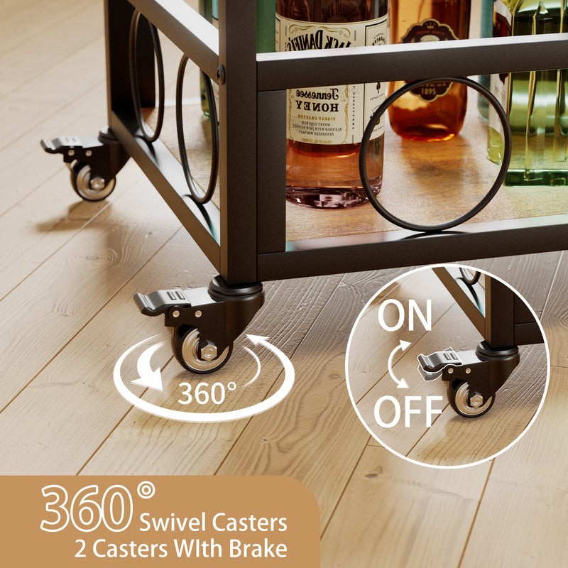 Homall Bar Cart 3 layers removable storage tray with wine rack, glass holder, basket layer, rolling drink cart, mobile bar service cart with handles, removable wooden tray and black metal frame