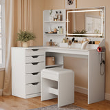 Homall L-Shaped Vanity Set with LED Mirror, Power Outlet, Makeup Vanity Desk with 2 Shelves, 5 Drawers & 1 Seat, Dressing Table for Bedroom Girls Women