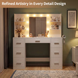 Homall Vanity Desk with Mirror and LED Lights, Makeup Vanity with 7 Drawers & 4 Shelves, Vanity Table with Power Outlet for Bedroom Dressing Room