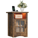 Homall Nightstand Set of 2 with Charging Station & Adjustable LED Lights, End Table Bedside Table with Glass Door & Open Shelf for Bedroom Living Room