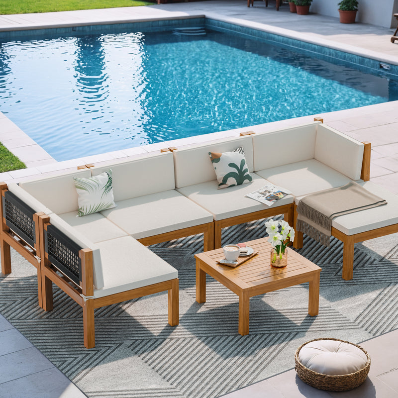 Homall 5/6/7-piece Acacia Patio Furniture Set, Wooden Conversation Set,Outdoor Modular Design Sofa Set with Side Table