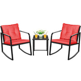 Lacoo 3 Pieces Outdoor Rocking Chair Furniture Sets Modern Patio Furniture Set Rocking Wicker Bistro Sets Cushioned PE Rattan Chairs Conversation Sets with Glass Coffee Table