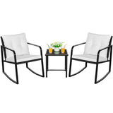 Lacoo 3 Pieces Outdoor Rocking Chair Furniture Sets Modern Patio Furniture Set Rocking Wicker Bistro Sets Cushioned PE Rattan Chairs Conversation Sets with Glass Coffee Table