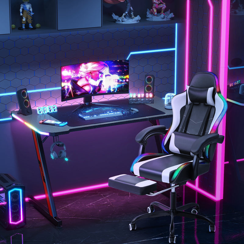 Homall RGB Gaming Desk and Chair Set, Carbon Fiber Desktop Z-Shape Table Massage Ergonomics Racing Chair E-Sports LED Lights Chair RGB Gaming Set