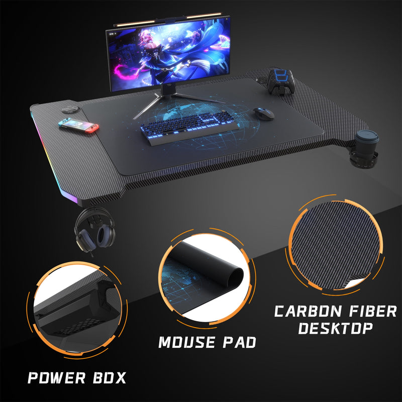 Homall Z-Shaped Gaming Desk with RGB Lights, Carbon Fiber Desk Office Desk with Large Mouse Pad, Cup-Holder & Headphone Hook, Black