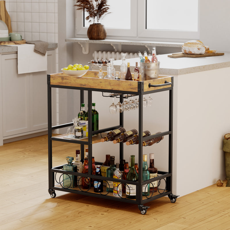 Homall Bar Cart 3 layers removable storage tray with wine rack, glass holder, basket layer, rolling drink cart, mobile bar service cart with handles, removable wooden tray and black metal frame