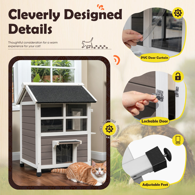 Homall Outdoor Wooden Cat House with Air Vents, Indoor Feral Cat Shelter with Escape Door and Balcony