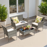 Lacoo 4 Pieces Patio Furniture Set Outdoor Conversation Wicker Rattan Chairs Seating with cushion and Glass Table Weather-Resistant for Garden Backyard Porch, Gray and Beige