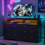 Homall 6 Drawer Double Dresser with Charging Station, Modern Chest of Drawers with LED Light, Storage Dresser Chest for Bedroom Living Room