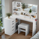 Homall L-Shaped Vanity Set with LED Mirror, Power Outlet, Makeup Vanity Desk with 2 Shelves, 5 Drawers & 1 Seat, Dressing Table for Bedroom Girls Women