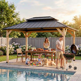 Homall 12x16 FT Wood Gazebo China Fir Permanent Pavilion with Galvanized Steel Hardtop Double Roof for Patio Garden Backyard