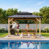 Homall 10x12 FT Wood Gazebo China Fir Permanent Pavilion with Galvanized Steel Hardtop Double Roof for Patio Garden Backyard