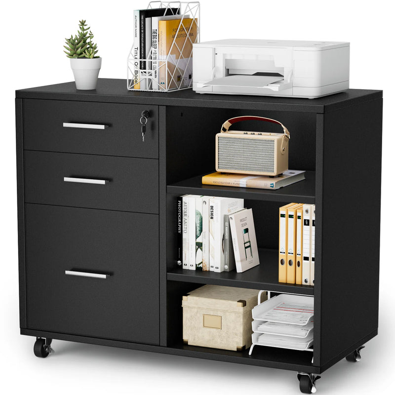 Homall File Cabinet with 3 Drawers, Mobile Design, Printer Stand and Open Storage Shelves, Suitable for Home Office Use