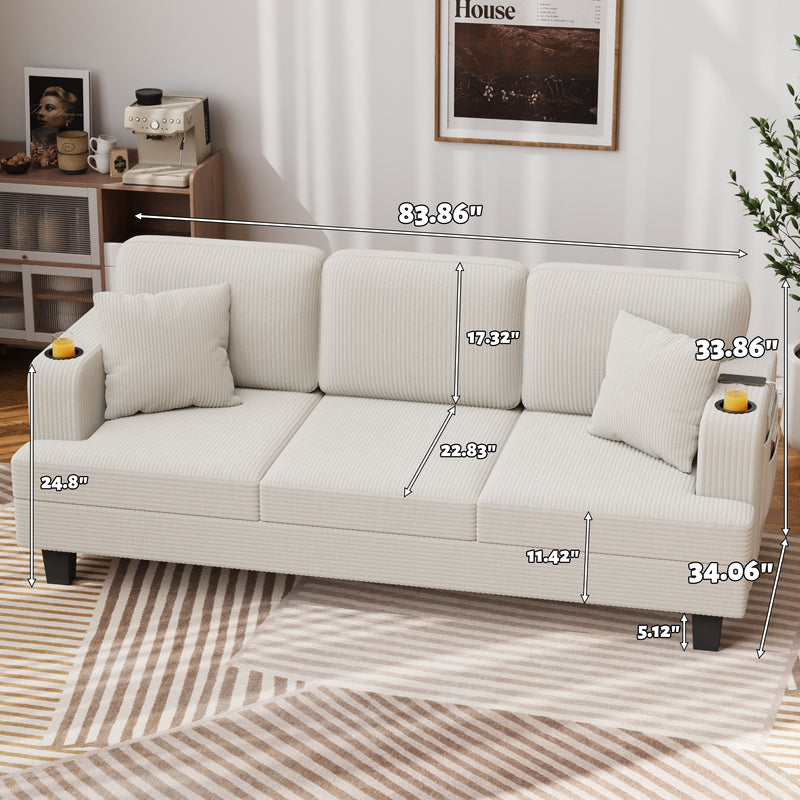 Homall 84''W Modern Sofa 3 Seat Adult Corduroy Couch with Wide Armrest Fabric Couch with USB Charging Ports for Living Room