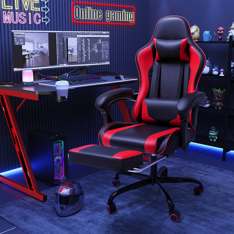 Lacoo PU Leather Gaming Chair Massage Ergonomic Gamer Chair Height Adjustable Computer Chair with Footrest & Lumbar Support,Red