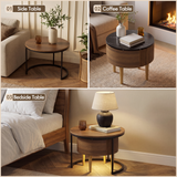 Homall 2-Piece Nesting Coffee Table Set, Round Coffee Tables with Hidden Drawer and Motion Sensor LED Light, Modern Living Room Tables with Storage and Metal Base, Walnut & Black
