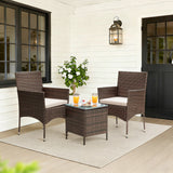 Lacoo 3 Pieces Outdoor Patio Furniture PE Rattan Wicker Table and Chairs Set Bar Set with Cushioned Tempered Glass, Brown/Beige, 2