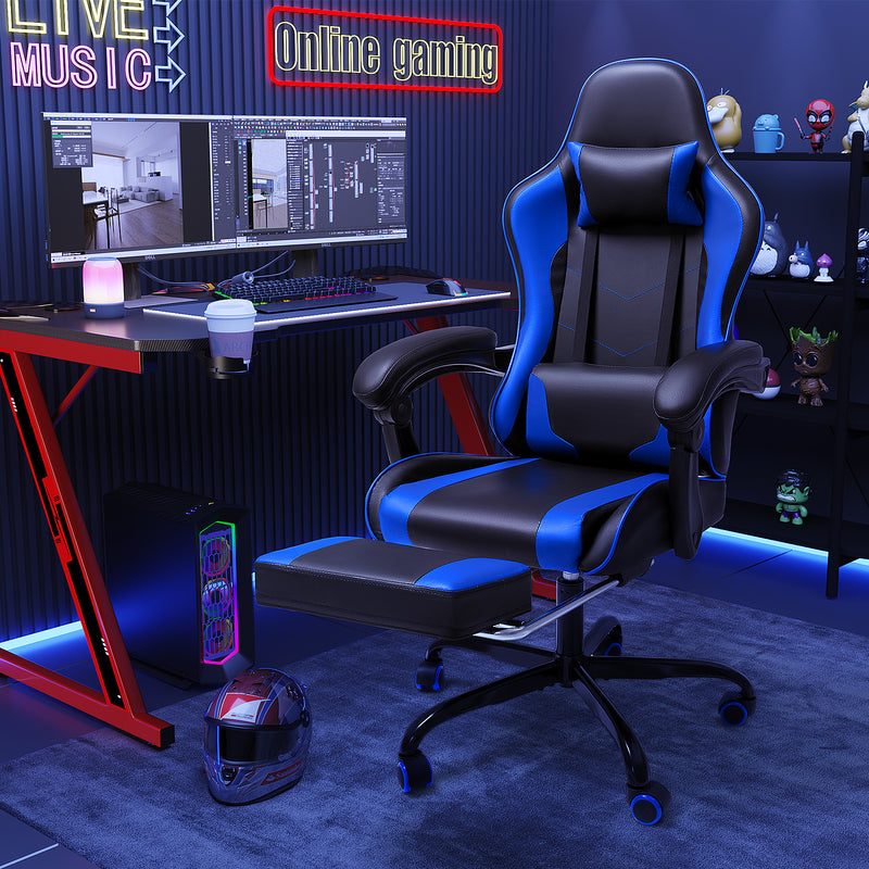 Lacoo PU Leather Gaming Chair Massage Ergonomic Gamer Chair Height Adjustable Computer Chair with Footrest & Lumbar Support,Blue