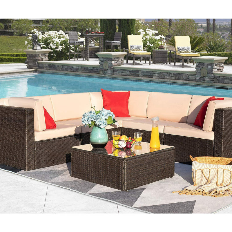 Homall 6 Pieces Patio Sectional Sofa All Weather PE Rattan Manual Wicker Conversation Sets with Washable Cushions and Glass Table