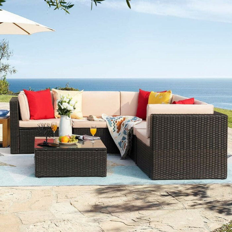 Homall 6 Pieces Patio Sectional Sofa All Weather PE Rattan Manual Wicker Conversation Sets with Washable Cushions and Glass Table