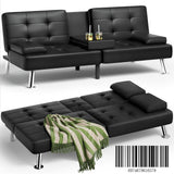 Homall Futon Sofa Bed, Leather Futon Couch with Removable Armrests, Adjustable Recliner Sleeper Sofa Bed with Dual Cup Holders for Living Room, Apartment, Office