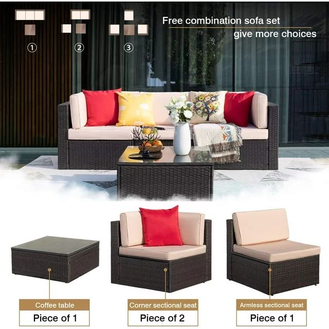Homall 4 Pieces Outdoor Sectional Sofa Wicker Conversation Sets Patio Rattan Furniture Set with Cushions and Glass Table