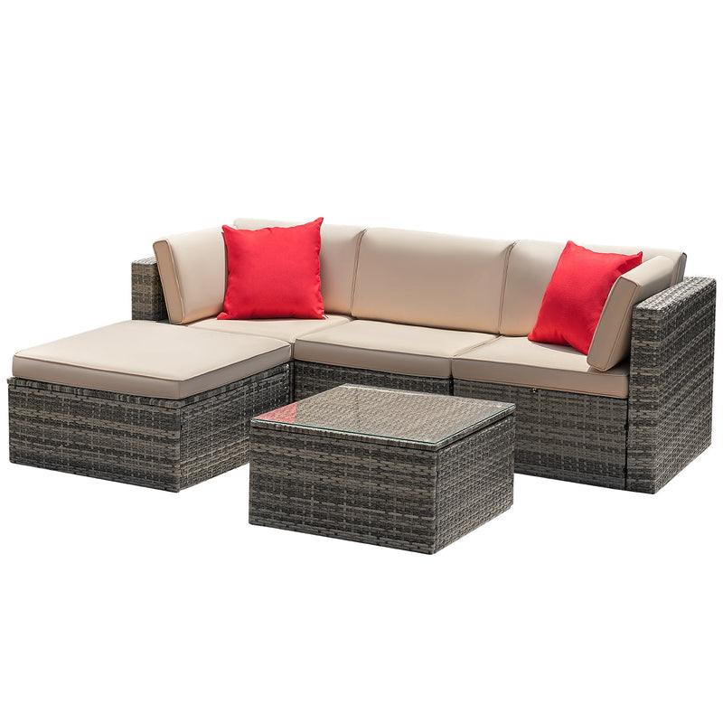 Homall 5 Pieces Patio Sectional Sofa Sets All-Weather PE Rattan Conversation Sets With Glass Table