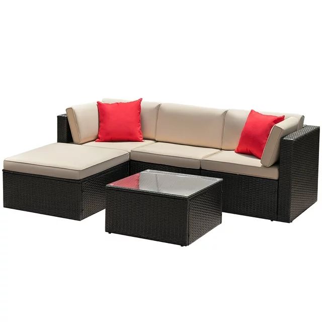 Homall 5 Pieces Patio Sectional Set PE Rattan Outdoor All-Weather Wicker Conversation Set with Table, Beige