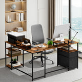Homall 65.4" L-Shaped Desk with Power Outlets & USB, Corner Desk with 2 Drawers and 2 Monitor Stand, Brown