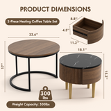 Homall 2-Piece Nesting Coffee Table Set, Round Coffee Tables with Hidden Drawer and Motion Sensor LED Light, Modern Living Room Tables with Storage and Metal Base, Walnut & Black