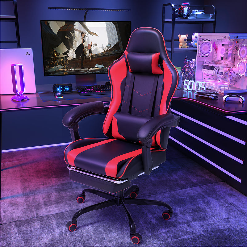 Lacoo PU Leather Gaming Chair Massage Ergonomic Gamer Chair Height Adjustable Computer Chair with Footrest & Lumbar Support,Red