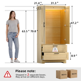 Homall Wardrobe Closet with Drawers, Freestanding Armoire Wardrobe Closet with Motion Sensor Light and Side Hooks, Wood Clothes Closet Cabinet for Bedroom