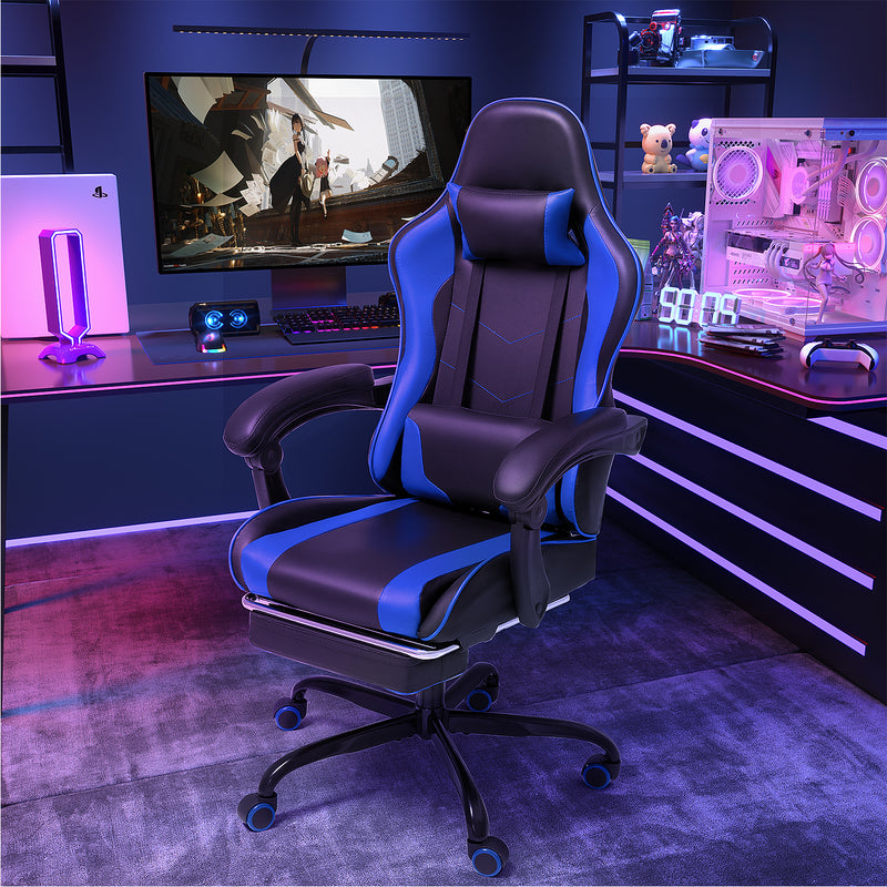 Lacoo PU Leather Gaming Chair Massage Ergonomic Gamer Chair Height Adjustable Computer Chair with Footrest & Lumbar Support,Blue