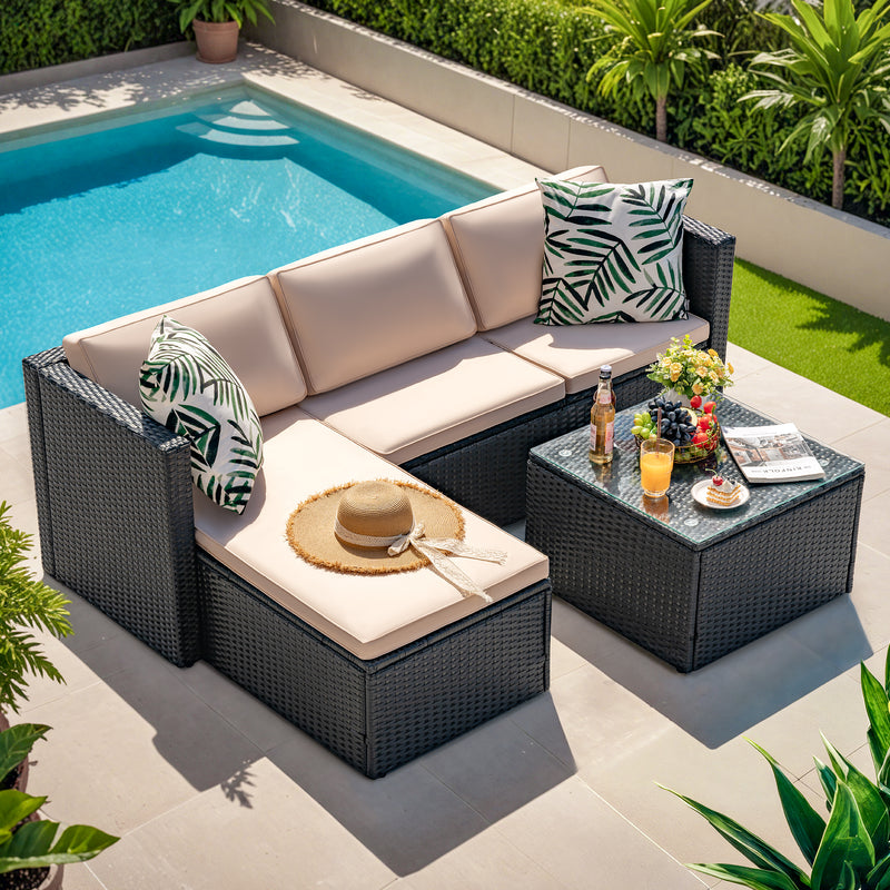 Homall L-Shaped Garden Combination Sofa, Outdoor Rattan Furniture, Adjustable Back Recliner with Cushion, Tempered Glass Coffee Table, Stylish Poolside Backyard Balcony Furniture