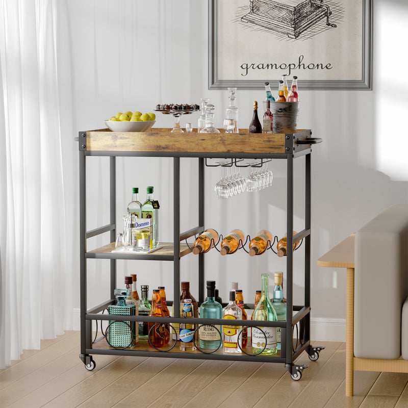 Homall Bar Cart 3 layers removable storage tray with wine rack, glass holder, basket layer, rolling drink cart, mobile bar service cart with handles, removable wooden tray and black metal frame