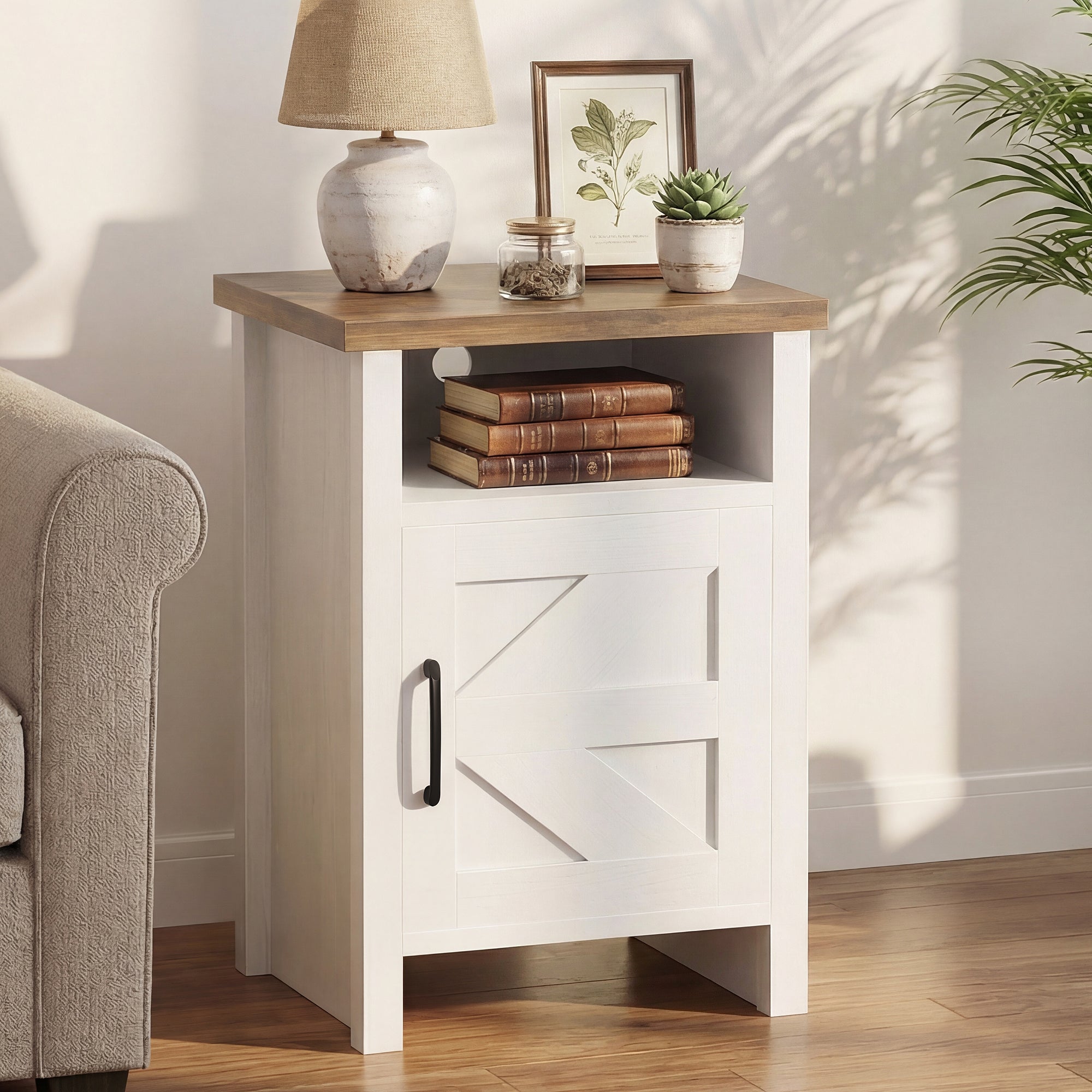 H&O×Nowell Silde-SideShelf 25 Homall Farmhouse Nightstand Set of 2 with Shelf and Barn Door Wood
