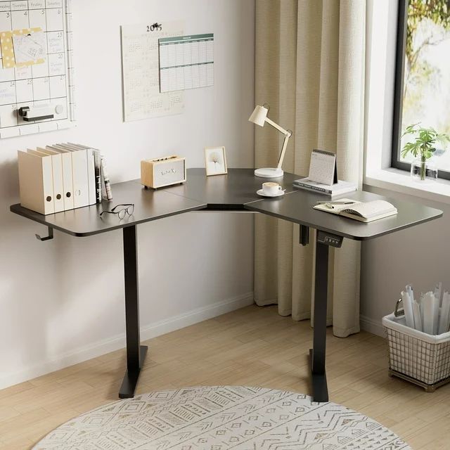 Homall 67"W V-Shaped Electric Sit-Stand Desk L-Shaped Tabletop Ergonomics Standing Desk Height Adjustable Computer Desk, Black
