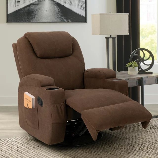 Homall Swivel Rocker Recliner with Massage and Heat, Brown Fabric