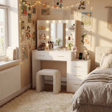 Homall Makeup Vanity Desk with LED Lights, Mirror & Power Outlet, Dressing Table with 4 Shelves and 5 Drawers, Vanity Set & Nightstand for Bedroom