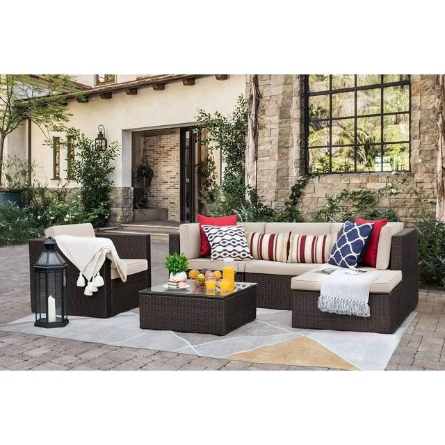 Homall 6 Pieces Patio Indoor Furniture Set Outdoor Sectional Sofa Outdoor Furniture, Beige, Sectional Sets, 2, Steel