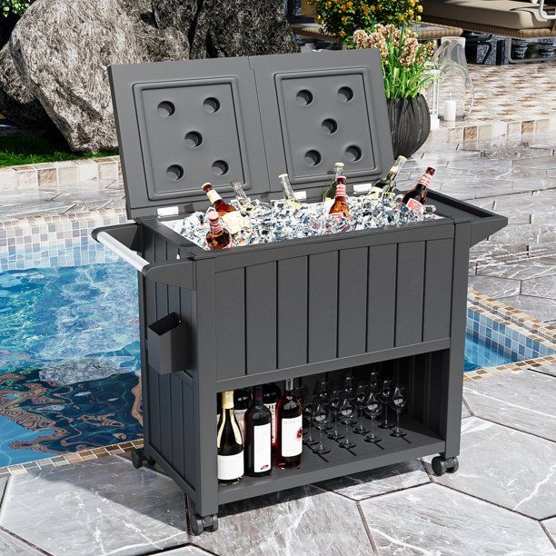 Homall 80 QT Resin Plastic Rolling Cooler Cart Ice Beer Drink Chest on Wheels with Shelf, Black, Outdoor