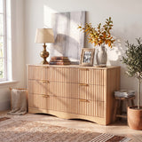 Homall 6 Drawer Double Dresser for Bedroom, Modern Fluted Wide Dresser Chest of Drawers with Gold Handles & Curved Base, Wood Storage Dresser Organizer for Living Room, Entryway