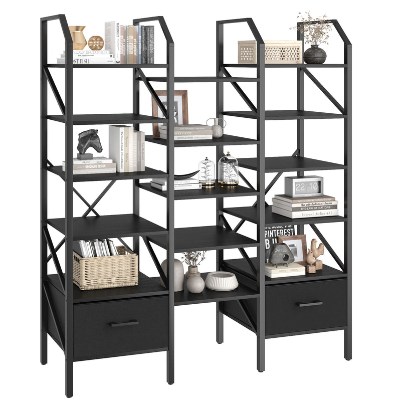 Homall Open Display Shelf with Storage Cabinet Triple Wide Tiers Industrial Bookcases and Bookshelves with Wood and Metal Frame