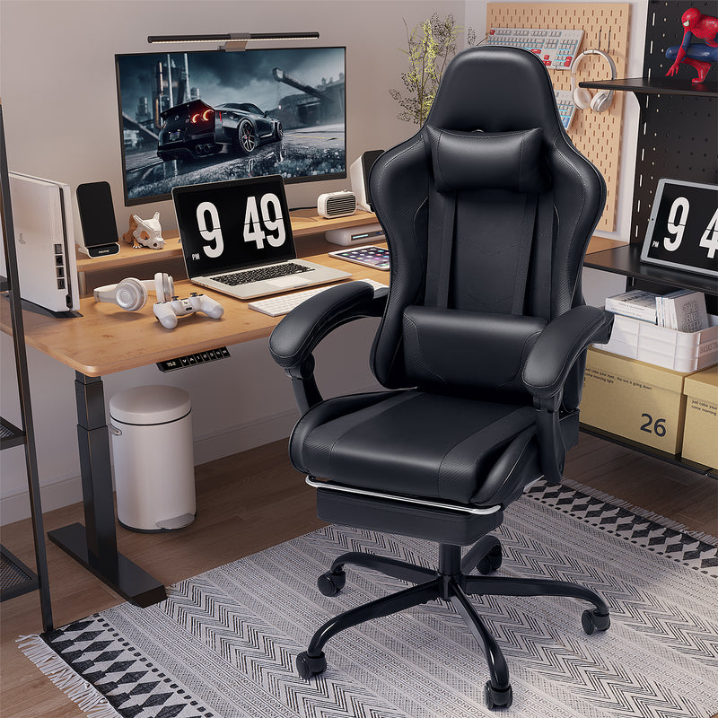 Lacoo PU Leather Gaming Chair Carbon Fiber Massage Ergonomic Gamer Chair Height Adjustable Computer Chair with Footrest & Lumbar Support,Black