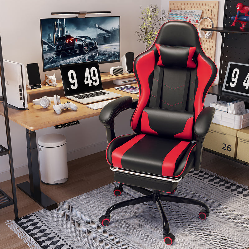 Lacoo PU Leather Gaming Chair Massage Ergonomic Gamer Chair Height Adjustable Computer Chair with Footrest & Lumbar Support,Red