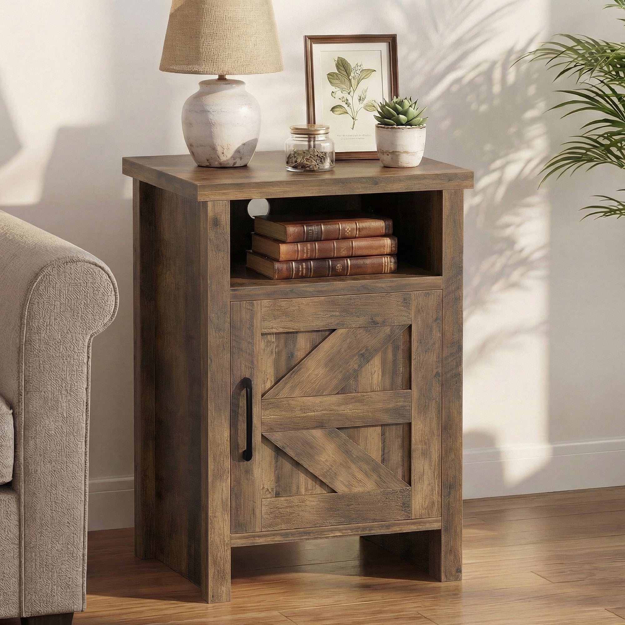Homall Farmhouse Nightstand Set of 2 with Shelf and Barn Door Wood